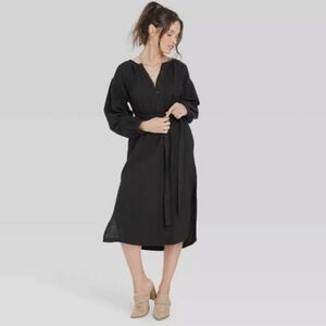 Universal Thread Balloon Sleeve Tie Front Shirt Midi‎ Dress Muslin Black Small